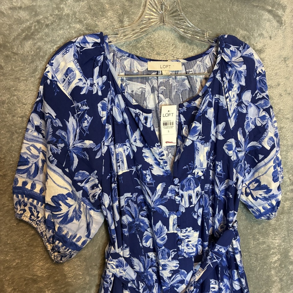 LOFT Womens Corfu Weekend Puff Sleeve Midi Dress S Resortwear Vacation NWT Blue
